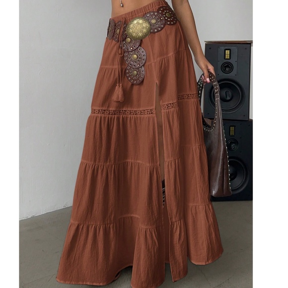 Boho Stretchy Waist lace Insert Split Thigh Maxi Skirt - Picture 7 of 8